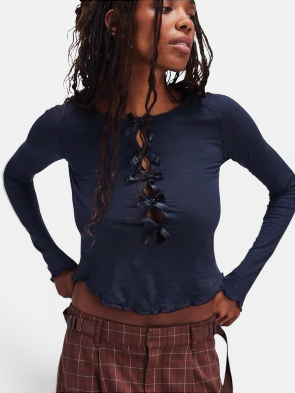Tricia Fix Free People Be My Baby Bow Long Sleeve Tee Upcycled USA Made Navy M